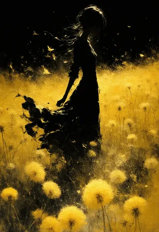Silhouette of a young girl standing amidst a golden field of dandelions, rendered in Art Nouveau style with comic book inking, featuring flowing dress and swirling dandelion seeds.
