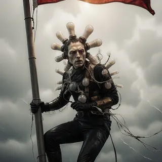 A person clutching a flagpole during a storm, adorned with pale bulb-like structures radiating from their head and shoulders, wearing dark clothing against a moody, cloudy sky.
