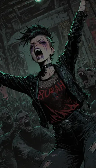 A punk rocker girl with a mohawk and smeared makeup screams ecstatically in an industrial nightclub mosh pit crowd, wearing a torn leather jacket and ripped jeans.