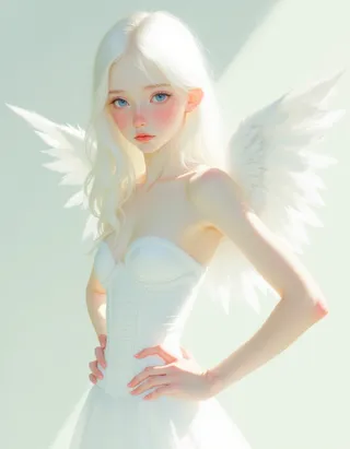 Portrait of a sad teen angel princess with translucent pale skin, blue eyes, platinum white hair, feathery white wings, wearing a simple white corseted dress.