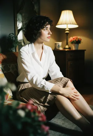 Woman with medium short curly hair sitting on a sofa in a cozy room, wearing a white open shirt and pleated skirt, illuminated by a night lamp with bokeh background.