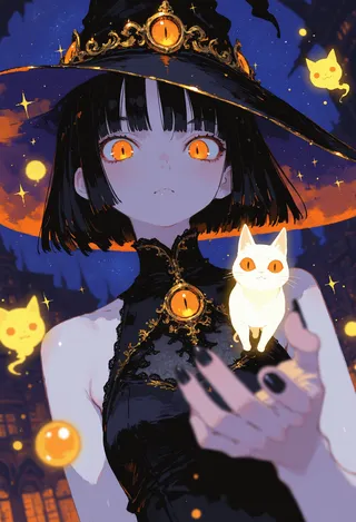 Close-up of a witch with black hime cut hair, glowing orange eyes, wearing an ornate black dress and witch hat, holding a glowing white cat with matching orange eyes, surrounded by ethereal cats and starry night background.