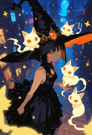 A witch girl wearing a black dress and ornate witch hat with glowing orange eyes, surrounded by four ethereal magical cats glowing softly, with a starry night fantasy city in the background.