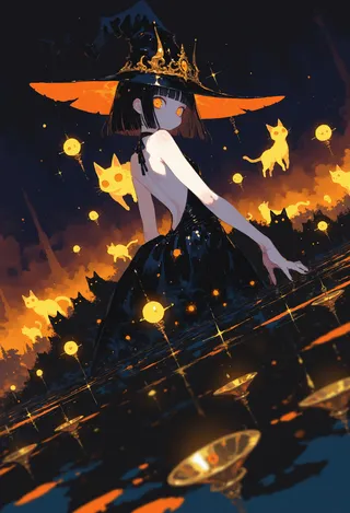 A witch with short black hair and orange eyes wearing an ornate black dress and a wide-brimmed witch hat, surrounded by glowing floating cats and magic orbs against a dark, starry background.