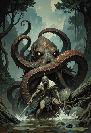 A hyper-realistic digital painting of an evil octopus monster with glowing eyes clutching a fantasy warrior in a swamp, set in a dark, misty jungle environment.
