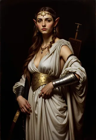 Realistic baroque oil painting of a mysterious elven woman with pointed ears wearing a white silk dress, golden tiara, light armor, and a bow over her shoulder, styled with strong chiaroscuro contrast.