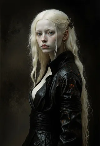 Portrait of an albino woman with long white hair wearing a black leather dress against a dark background in chiaroscuro style.