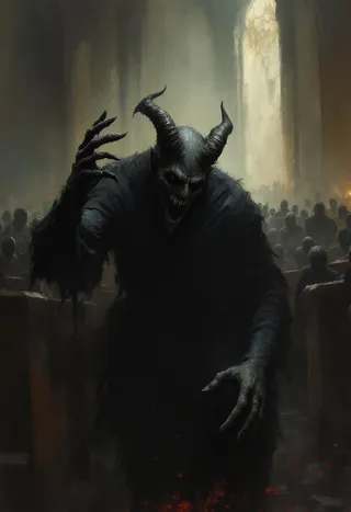 Dark, terrifying devil figure with horns and clawed hands looming in a gloomy church filled with shadowy, indistinct figures in the background, evoking fear and despair.