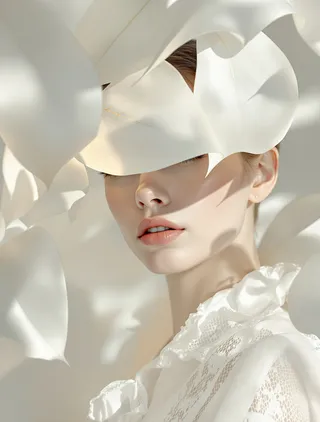 A woman with pale skin and short hair partially obscured by large, detailed white leaves, wearing a white transparent lace robe with soft lighting and shadows.