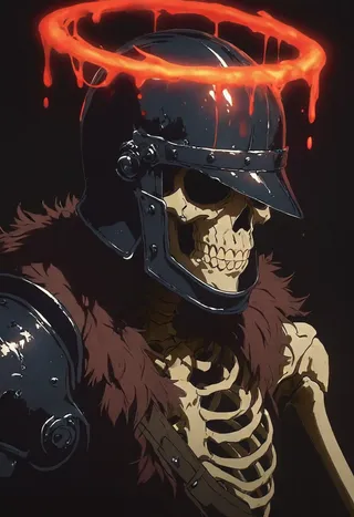 A skeleton warrior wears a dark fantasy helmet and fur shoulder armor, surrounded by a red glowing, dripping halo on a black background.