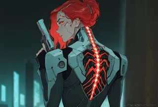Close-up of a person with red hair wearing a sci-fi bodysuit, holding a pistol, with a glowing cyberpunk spine on the back, looking over their shoulder.