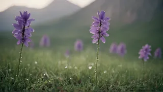 Close-up of dewy purple flowers and grass with droplets of morning dew, blurred mountain backdrop and soft natural morning light