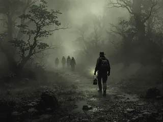 A lone traveler holding a lantern walks through a foggy, haunted swamp with ghostly apparitions lurking in the shadowy forest.