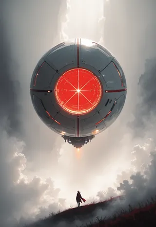 A large, futuristic floating orb with red glowing center and white diagonal lines hovering above a solitary figure standing on a foggy hill under soft, atmospheric lighting.