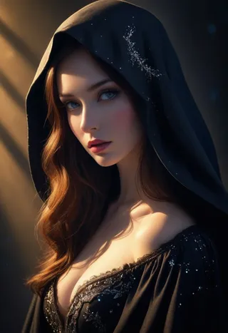 Portrait of a pale woman with porcelain skin and soft lips wearing a dark hooded cloak with shimmering sparkles, illuminated by dramatic lighting from above.