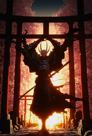 Silhouette of an oni warrior in samurai armor with a horned helmet, holding a katana in front of a glowing torii gate at twilight with cherry blossoms and mist.