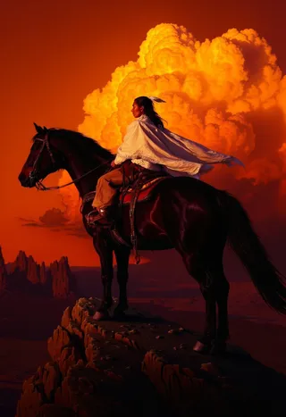 A Native American woman wearing white traditional clothing and a feathered headdress sits astride a black horse on a rocky cliff, with a dramatic crimson sky and large glowing clouds behind.