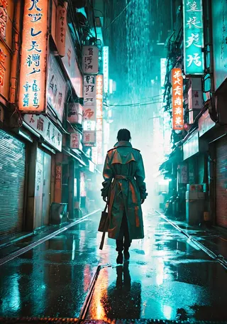 A lone figure in a trench coat walks through a dystopian cyberpunk city alley at night under acid rain, surrounded by flickering neon Japanese and Chinese signs and volumetric light beams.