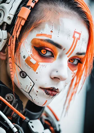 Close-up hyperrealistic portrait of a cyberpunk girl with tribal orange face paint, striking orange eyes, and detailed cyborg mechanical features.