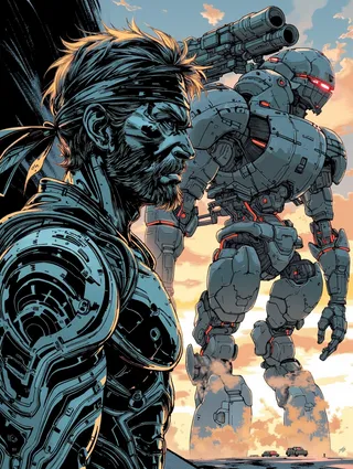 Detailed line art featuring a man wearing liquid matte black armor with fractal lines and a bandana, set against a massive combat mech with hydraulic legs and railgun under a sunset sky.