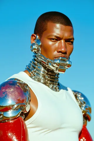 Close-up portrait of a cyborg man with tanned skin and Mongolian features wearing a white tank top, featuring chrome metallic jaw and shoulder augmentations, and a red chrome cybernetic arm against a sky blue gradient background.
