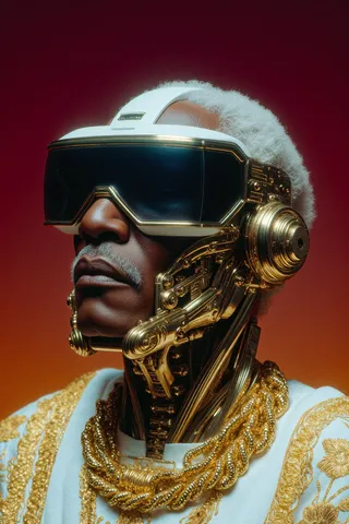 Photorealistic CGI portrait of an elderly African man with white hair wearing a futuristic helmet with reflective visor and advanced gold cybernetic enhancements, adorned in a white traditional African garment with gold embroidery and chunky gold necklaces against a red gradient background.