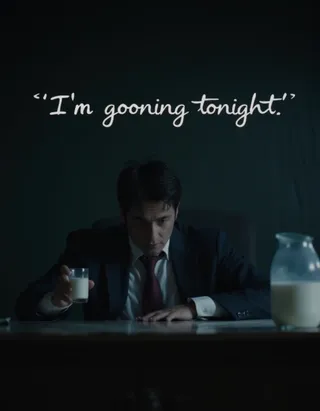 A man in a suit sits behind a desk in a dark room with cinematic lighting, holding a glass of milk and a jug of milk on the desk, looking down drunk, with cursive text reading 'I'm gooning tonight' above him.
