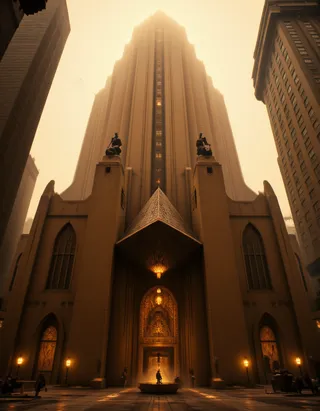 A grand dystopian cityscape featuring a towering Capitol-inspired gothic building bathed in golden haze and dramatic lighting with art deco statues on pillars.