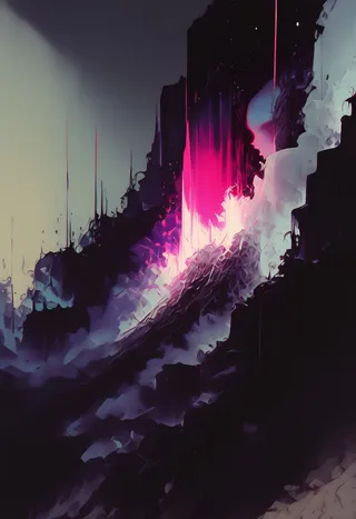 Abstract and surreal depiction of the dark sorcerer Khattam-Shud standing in a fortress of shadows with glowing pink energy and an ink storm, rendered in an 80's VHS dark fantasy style with grainy, claymation texture.