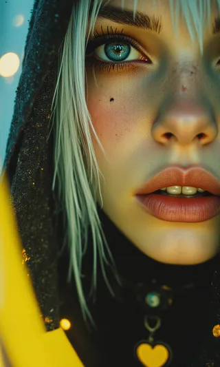 Close-up of a cyberpunk woman with deep blue eyes, white-platinum bob haircut, winged eyeliner, wearing a cozy yellow and blue turtleneck with a heart motif, lit softly by window light.
