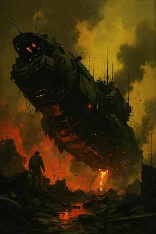 Dark crashed Nostromo spaceship looming over a dead swamp with a yellow-orange sky, thick fog, and red eerie mist with glowing fire and detailed sci-fi elements.