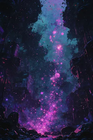 A hyperdetailed deep sea scene glowing with purple and cyan hues, featuring luminous particles floating upward amidst dark rocky formations.