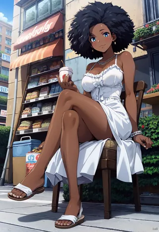 Anime-style illustration of a black woman with afro hair and blue eyes wearing a white sundress, sitting with crossed legs at an outdoor cafe holding a cup at night.