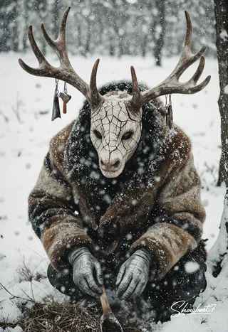 A figure in a heavy fur coat crouches in a snowy forest, wearing a cracked porcelain mask and large rusted iron antlers adorned with small tools. Their metallic, insect-like hands dig into the frozen ground amidst swirling snowflakes.