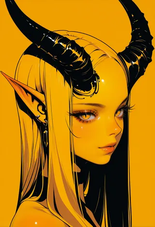 Stylized portrait of a female demon with long blonde hair, large black curved horns, pointed ears with earrings, set against a bright yellow background.