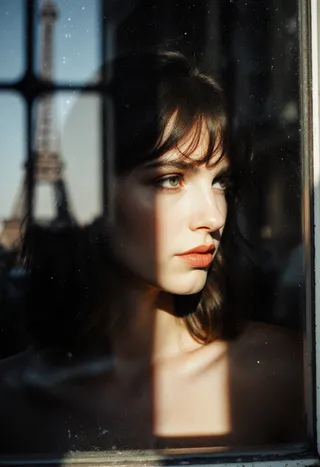 Close-up portrait of a woman fashion model with medium messy hair looking through a vintage window, shadow and light beam on her face, Eiffel Tower reflection visible.