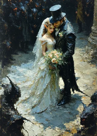 A detailed impasto painting depicting an elf bride in a frilly wedding dress and a troll groom in a leather tuxedo and top hat, embracing inside a dark cathedral surrounded by demons, illuminated by a pillar of light.