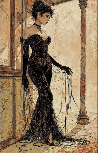 Illustration of a burlesque dancer in a flowing black detailed gown standing by a column and an old door, in a style reminiscent of the Decadent Movement with mixed media elements on marbled paper.