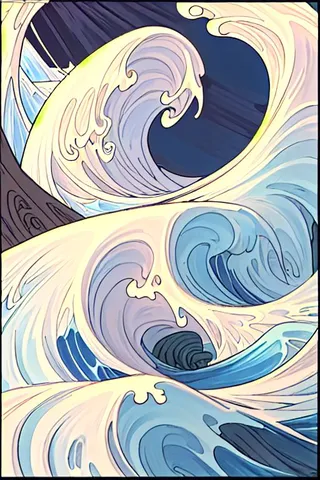 Artistic depiction of large stylized ocean waves curling with Mt. Fuji and dark sky elements, inspired by Hokusai's Great Wave off Kanagawa.