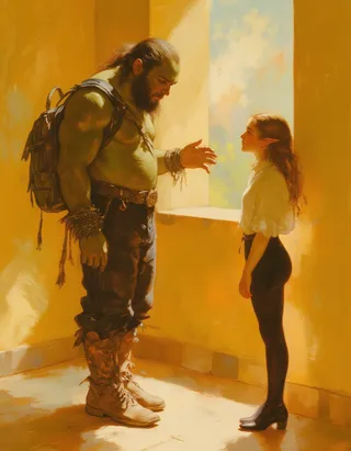 A warm digital painting of a tall, muscular green-skinned orc student in rugged attire speaking to a petite female elven student bathed in sunlight by a window in a modern college hallway.