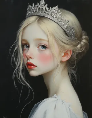 Close-up of a skinny teen princess with pale skin, blond hair styled in a bun, wearing a silver crown and a white dress, featuring serene blue eyes and red lips against a dark background.