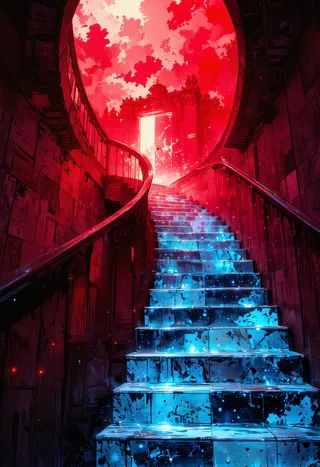 A spiral staircase with blue marbled steps ascending into a bright glowing door set against a vivid crimson sky, surrounded by fragmented, glitch-like visual effects.