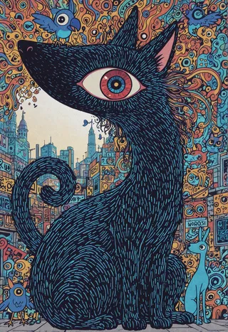 A vibrant graffiti-style urban mural featuring a large black cyclops dog with a single multicolored eye, surrounded by colorful birds, fantasy characters, and cityscape details.