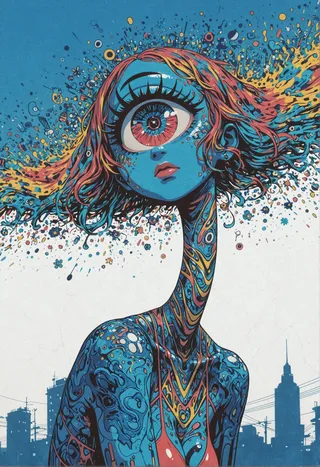 A vibrant graffiti-style image of a female cyclops with a long patterned neck and a single large eye, multicolored hair flowing with vivid colors on a cityscape background.