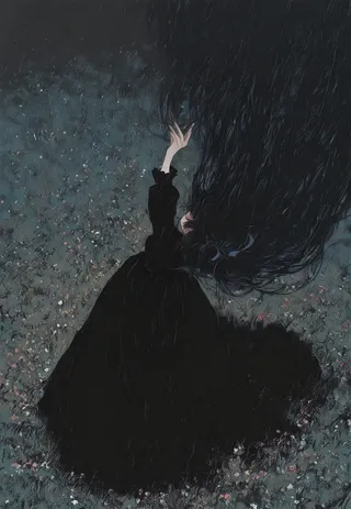A top-down view of a young woman dancing in a flower field wearing a flowing black dress with long black hair spreading out, creating a floating effect.