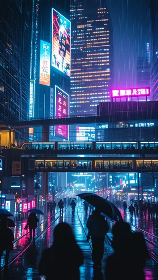 Rain-soaked futuristic cyberpunk city street at night with neon signs in Kanji, glowing advertisements, crowds with umbrellas, and a sleek tram on an elevated track.