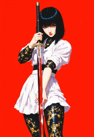 Anime-style woman with black bob haircut holding a katana, wearing a white skirt and gold patterned black leggings, set against a vivid red background.