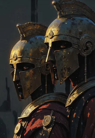 Side view of two ancient warrior women wearing weathered hoplite helmets and armor, standing closely side by side with dramatic high contrast lighting and grainy film texture.