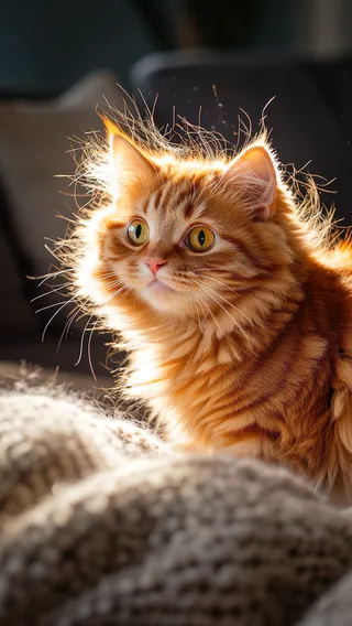 Close-up portrait of an orange tabby cat with fur standing on end from static electricity, dramatically backlit to create a glowing halo effect.