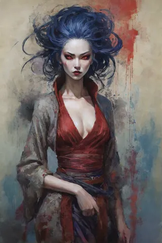 Portrait of Sun Erniang, a fierce female bandit with sharp red eyes, dark flowing hair, and a tattered crimson robe, standing with a confident, dangerous expression.